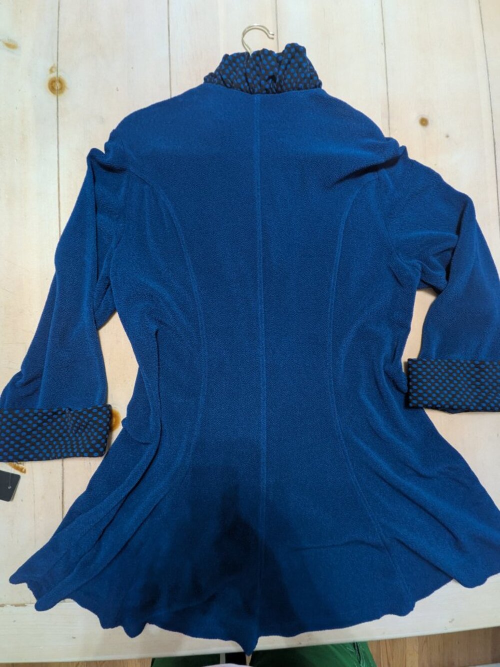 Yushi Blue Textured Swing Jacket Polka-Dot Ruffle Collar Made in USA, Size L - Picture 2 of 8